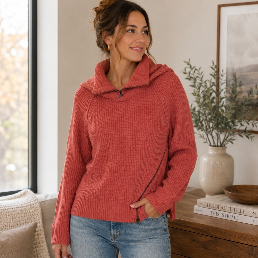 Pilcro Anthropologie Salmon Pink Hooded Waffle Knit Side Zip Sweater XL